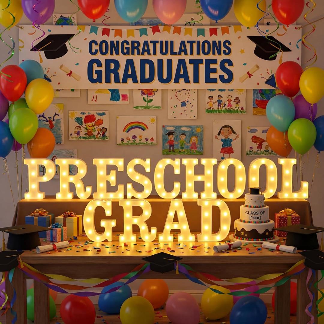 Honoson 13 Pcs Preschool Graduation Decorations Preschool Grad Letter LED Lights Sign Neon Lights Table Decoration for Kindergarten Graduation Party Supplies 2026