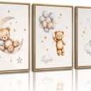 3Pcs Teddy Bear Nursery Wall Art Bear Sleeping on The Moon and Stars Wall Decor Pictures Balloon Cloud Neutral Canvas Poster Prints for Kids Baby Room Kindergarten Home Decoration 12x16in, Unframed