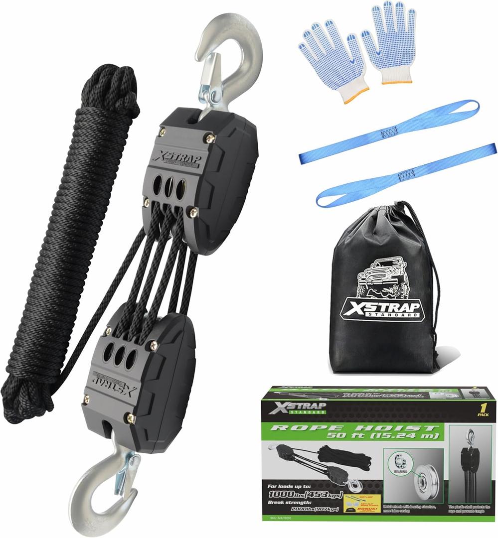 XSTRAP STANDARD Heavy-Duty Block and Tackle Pulley System, 1000 LB Working Load, 2000 LB Break Strength, 50 FT Rope Hoist with 2 Soft Loops for Garage, Hunting & DIY Attic Lift, Black