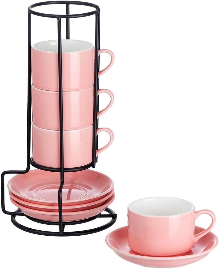 2.5oz Espresso Cups Set of 4, Porcelain Stackable Espresso Cups with Saucers and Metal Stand Set, Pink Expresso Shots Cup Set