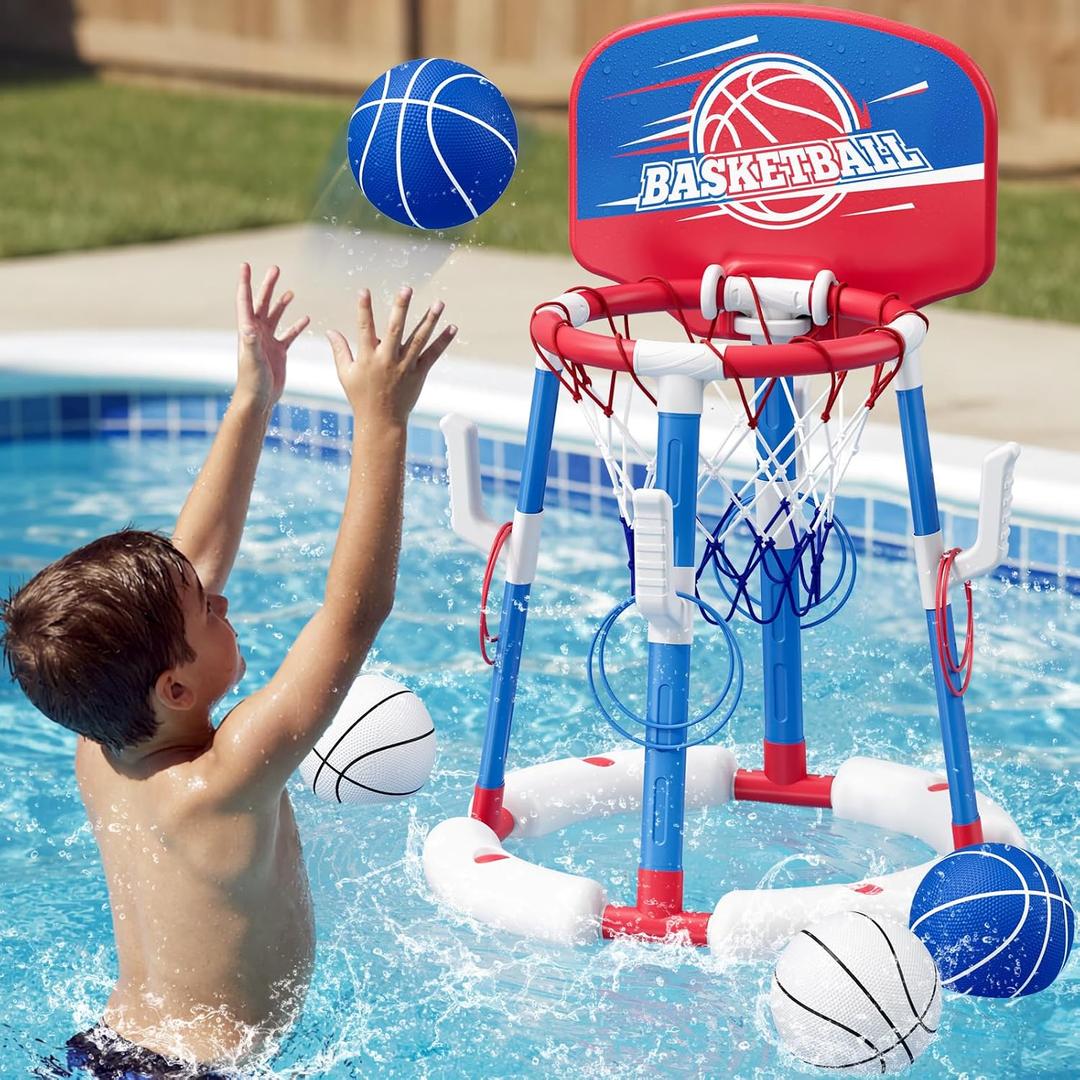 HYES 2 in 1 Pool Basketball Hoop with Ring Toss, Floating Pool Toys - Anti-Tip Stable Base - with 4 Balls/8 Rings/Pump - Summer Water Basketball Games Indoor Outdoor Gifts for Kids 4-8 & Adults, Red