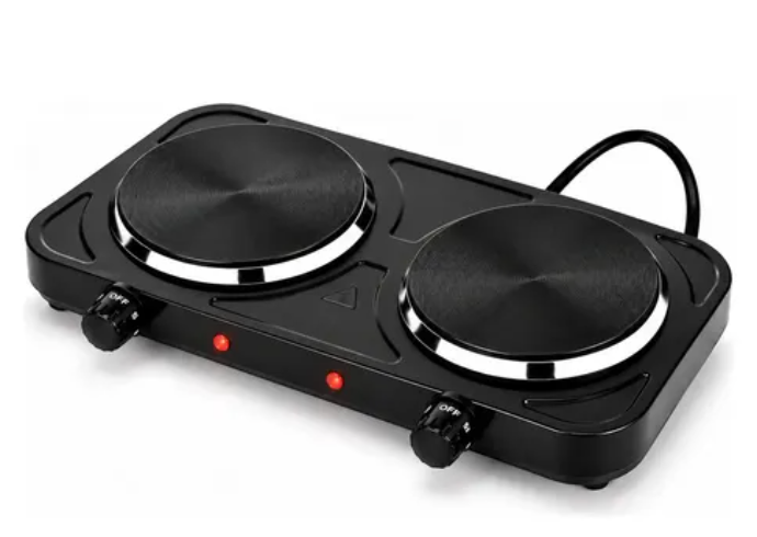 double-burner portable electric hot plate in its retail box labeled "HOT PLATE ELECTRIC COOKING 2200W