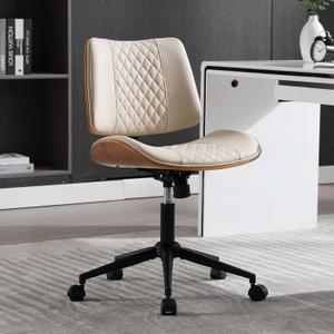 Home Office Chair No Arms with Wheels, Adjustable Height Small Desk Chair, PU Leather Mid Back 360 Swivel Computer Chair, Armless Modern Walnut Chair for Office, Reading Meeting Room(Beige) (MCM Style)