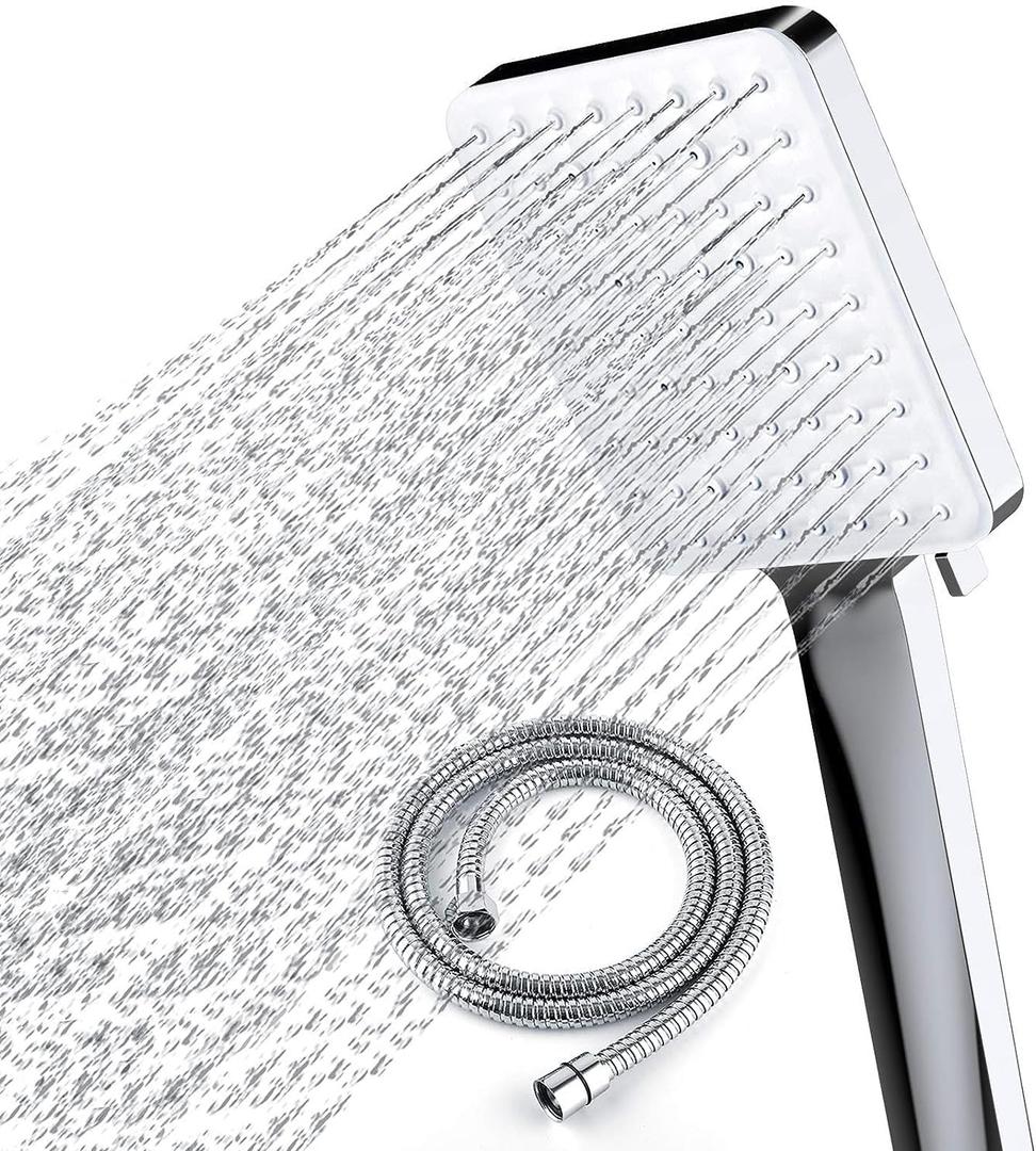 Newentor Handheld High Pressure 6 Spray Modes/Settings Detachable Chrome Finish Square Shower Head with Stainless Steel Hose and Multi-Angle Adjustable Shower Stand