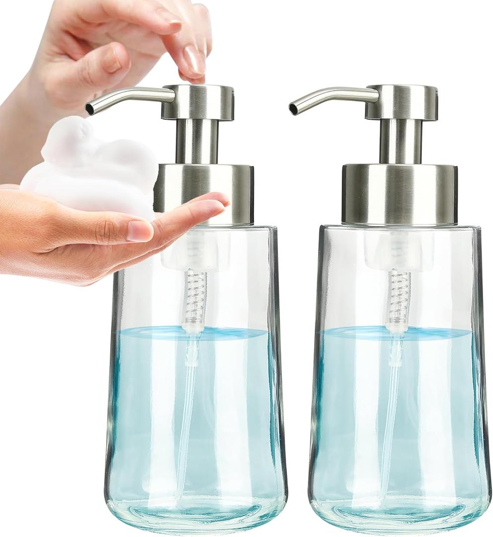 Doiliese Foaming Hand Soap Dispenser Set, 17 oz Large Glass Soap Dispenser, Foam Dispenser with Stainless Steel Pump & Waterproof Labels, Refillable Soap Bottles for Bathroom Countertop, 2 in 1 (Foam Brushed Nickel)