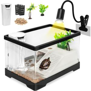 Turtle Tank Kit,PC Small Red Eared Slider Aquarium,Aquatic Baby Tortoise Habitat for Fishes and Amphibians,Include Filter*1,Filter Plates*2,Plants*2,Lamp*1,Bulb*1,Stone*1,Basking Platform*1 (Set)