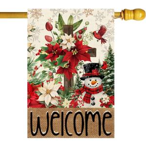 Welcome Winter Cross Poinsettias Snowman Pine Trees Christmas House Flag large 28X40 Inch Big Vertical Double Sided Yard Outdoor Outside Holiday Decoration