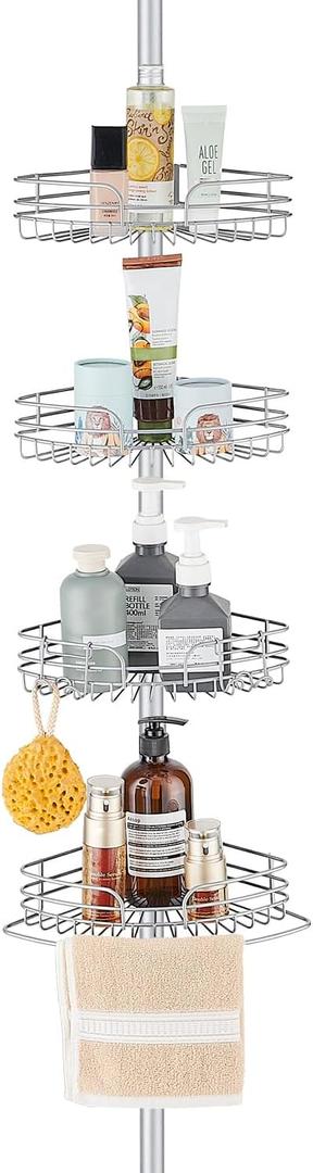 WPT Grey Shower Caddy Tension Pole for Bathroom, Stainless Steel Corner Shower Caddy Organizer Stand for Bathtub Shampoo Storage, 4 Tier Adjustable Shelves, 28.7 to 104.7 Inches (Grey)