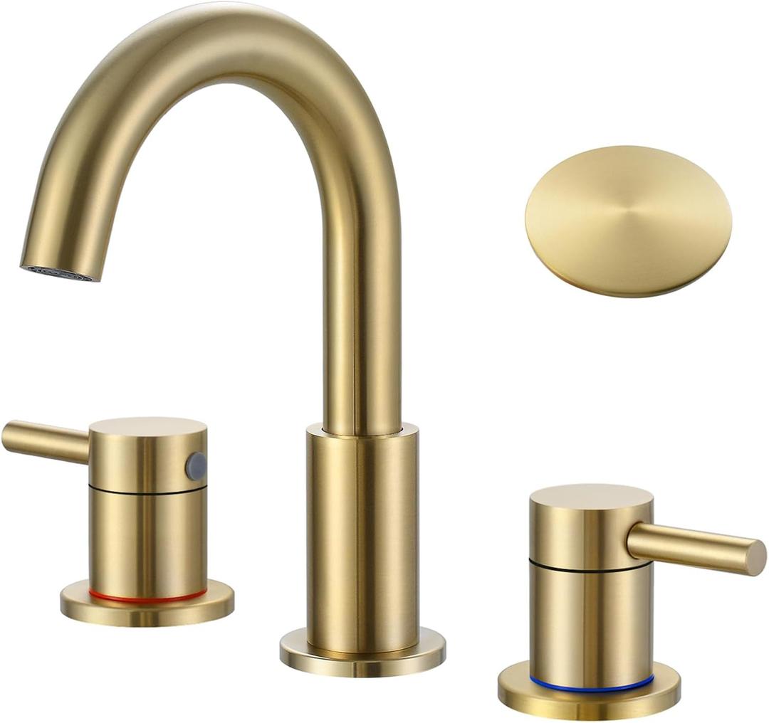 KZH Bathroom Faucet for Sink 3 Hole Brushed Gold, Bathroom Sink Faucet with Pop Up Drain, 8 inch Widespread, llaves para lavamanos de bao