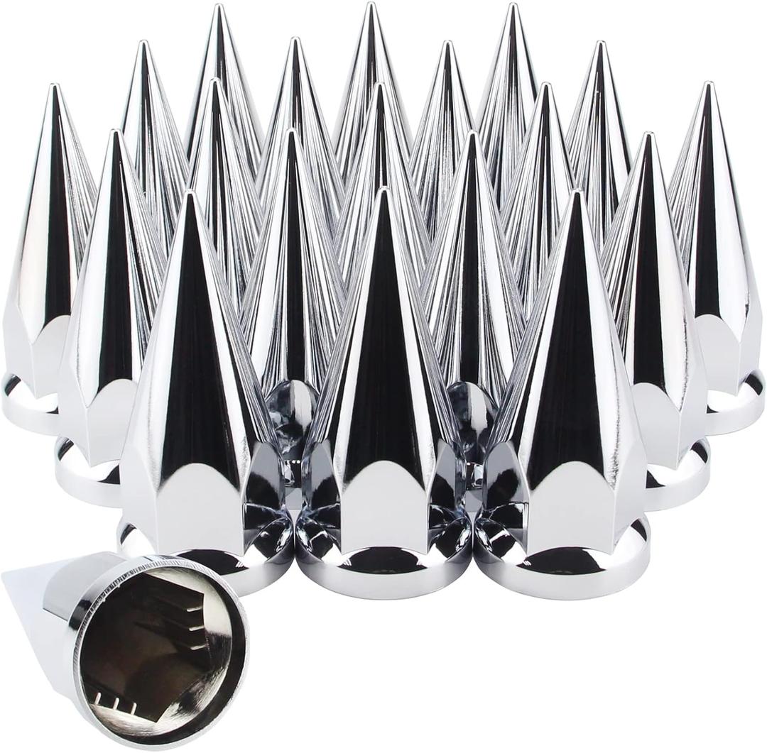 33mm x 4 3/4" Chromed Spike Lug Nuts Covers Push On, Truck Chrome ABS Plastic Pointed Spiked Push-on Lug Nut Cover for Semi Trucks, Pack of 20