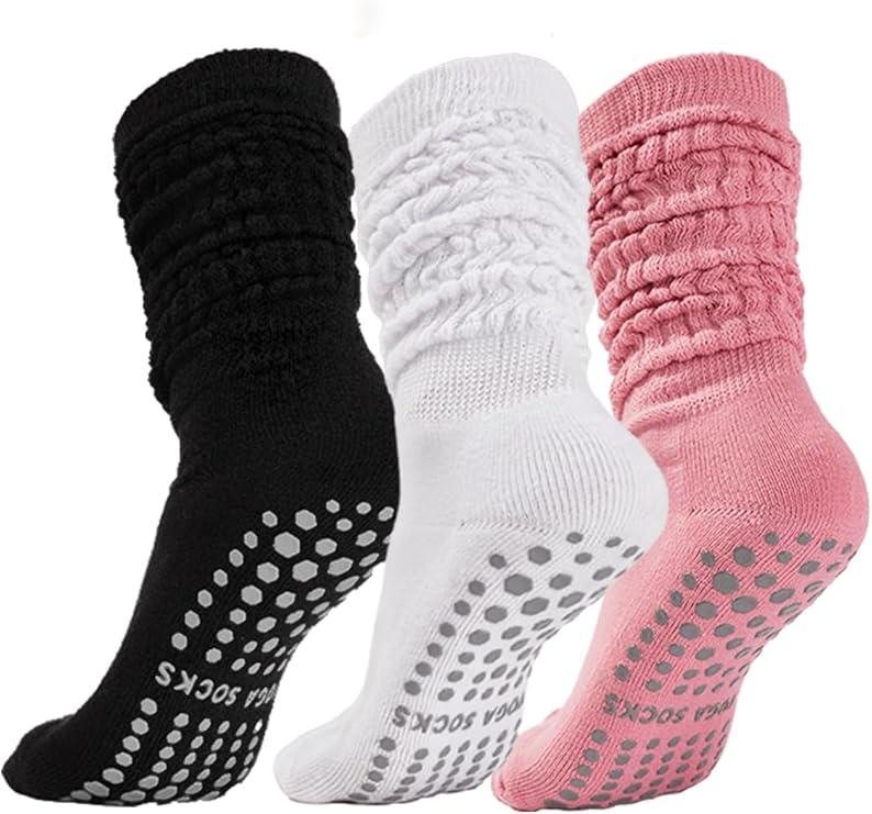 Pilates Socks with Grips for Women, Yoga Slouch Socks, Non Silp Scrunch Slipper Long Sock for Hospital Barre Workout