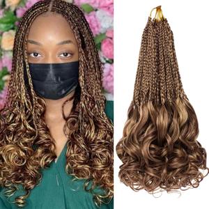 French Curl Crochet Braids 14 Inch 9 Packs Blond Mix Brown Goddess Box Braids with Curly Ends Pre Looped Synthetic Bohemian Braiding Hair for Women (#27M33)