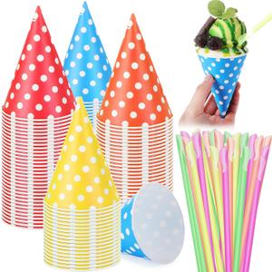 Eaasty 400 Pcs Snow Cone and Straws Cone Cups 4.5 oz Spoon Straws Disposable Paper Cups Straw Spoon for Slush Shaved Ice Cream Sorbet Water (Candy Color)
