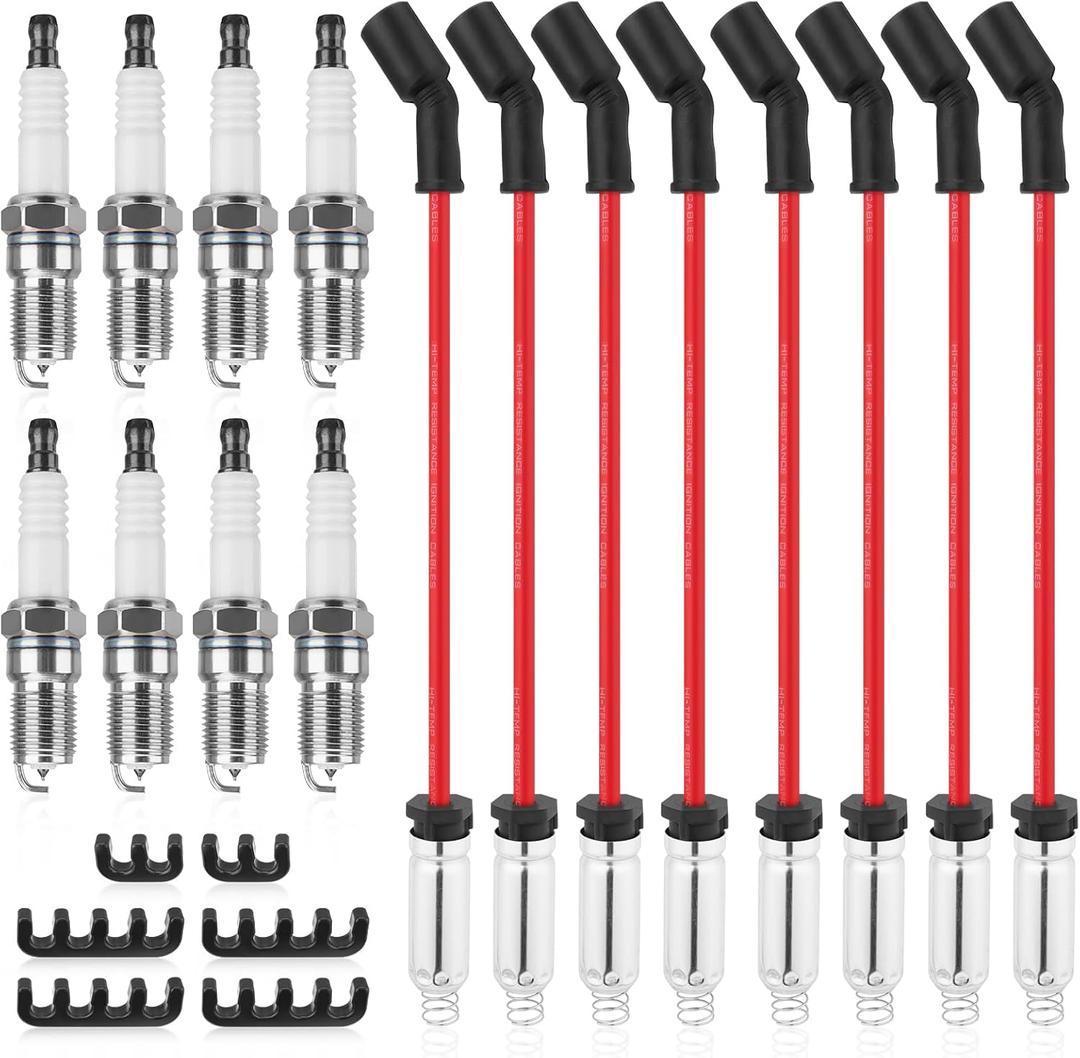 41-962 Spark Plugs & 9748HH Spark Plug Wires Compatible with Chevy Avalanche Silverado 1500 Suburban Tahoe, GMC Sierra 1500 Yukon, Cadillac Escalade, Hummer H2 5.3L 6.0L V8, Replace# 88862122 19299585
