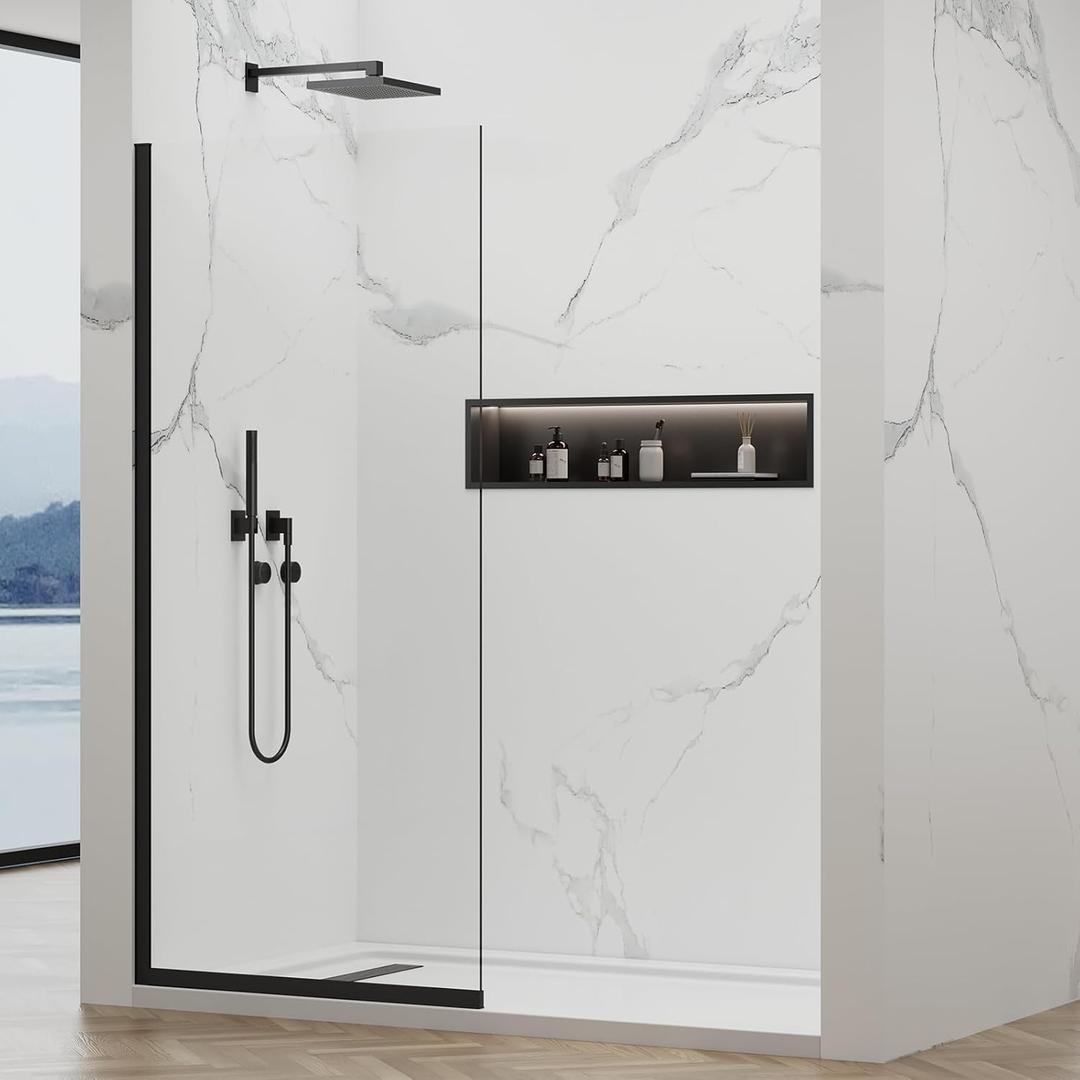 YTSAHSTT Shower Glass Wall Panel 36" W x 76" H, 3/8" (10mm) Tempered Glass, Half Frameless Fixed Shower Screen, Single Panel with Double-Sided Easy-Clean Coating - Matte Black