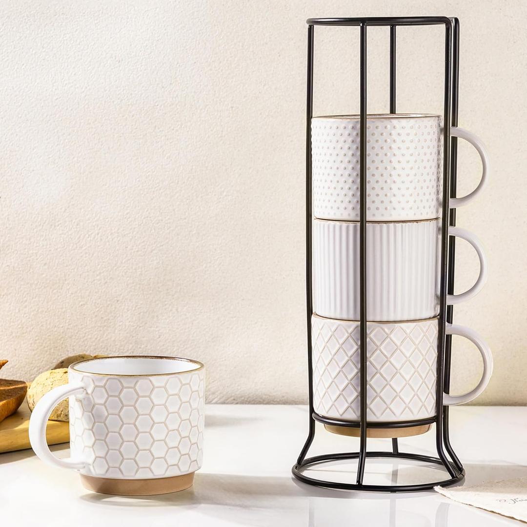 GBhome 12OZ Stackable Coffee Mugs with Stand, Ceramic Coffee Mugs with Texture Patterns for Man,Woman,Dad,Mom, Modern Coffee Cups Set of 4 for Latte/Cappuccino/Cocoa. Dishwasher&Microwave Safe, Off-White, 12oz (With Stand)