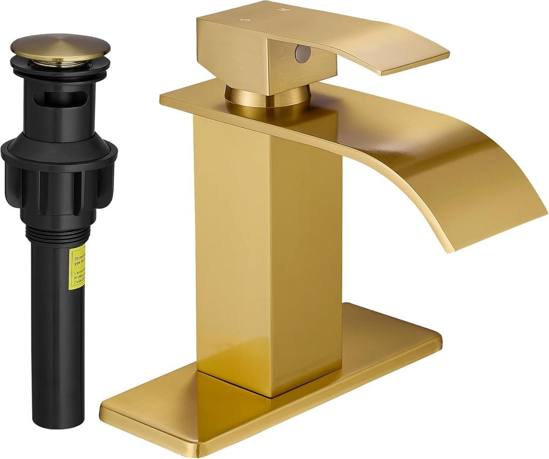 FRANSITON Brushed Gold Waterfall Bathroom Faucet Lavatory Single Handle 1 or 3 Hole Bathroom Sink Faucet with Deck and Pop-up Drain (Brushed Gold, Short)