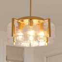 Gold Chandeliers for Dining Room, 4-Light Glass Drum Chandelier Foyer Lighting Fixtures Modern Kitchen Island Pendant Light Over Table for Entryway Hallway Laundry Room Bedroom Bathroom