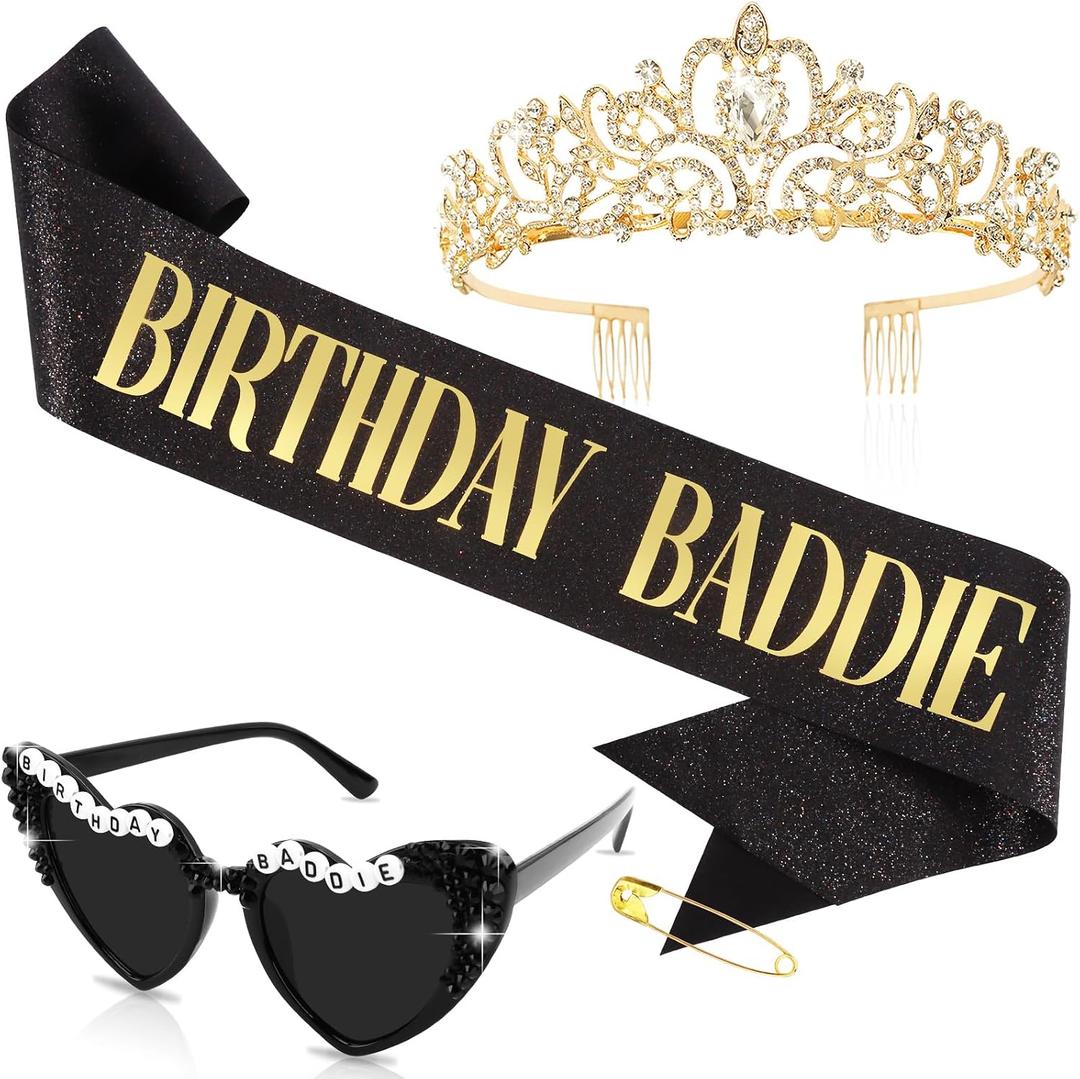Birthday Baddie Sash & Sunglasses & Crown for Women, Hapdoo BIRTHDAY BADDIE Sash for Girl, Happy Funny Birthday Decorations Baddie Accessories for Women Party Favors Supplies