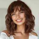 AISI HAIR Synthetic Wavy Curly Bob Wig with Bangs Brown Highlight Short Hair for Women Synthetic Heat Resistant Bob Wigs