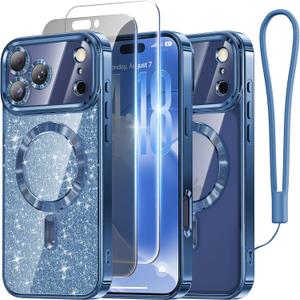 Meifigno Designed for iPhone 17 Pro Case 6.3", [Glitter Card & Wrist Strap] [Compatible with MagSafe] [1HD +1X Privacy Screen Protectors] Surround Raised Lens Protection for 17 Pro Case, Deep Blue