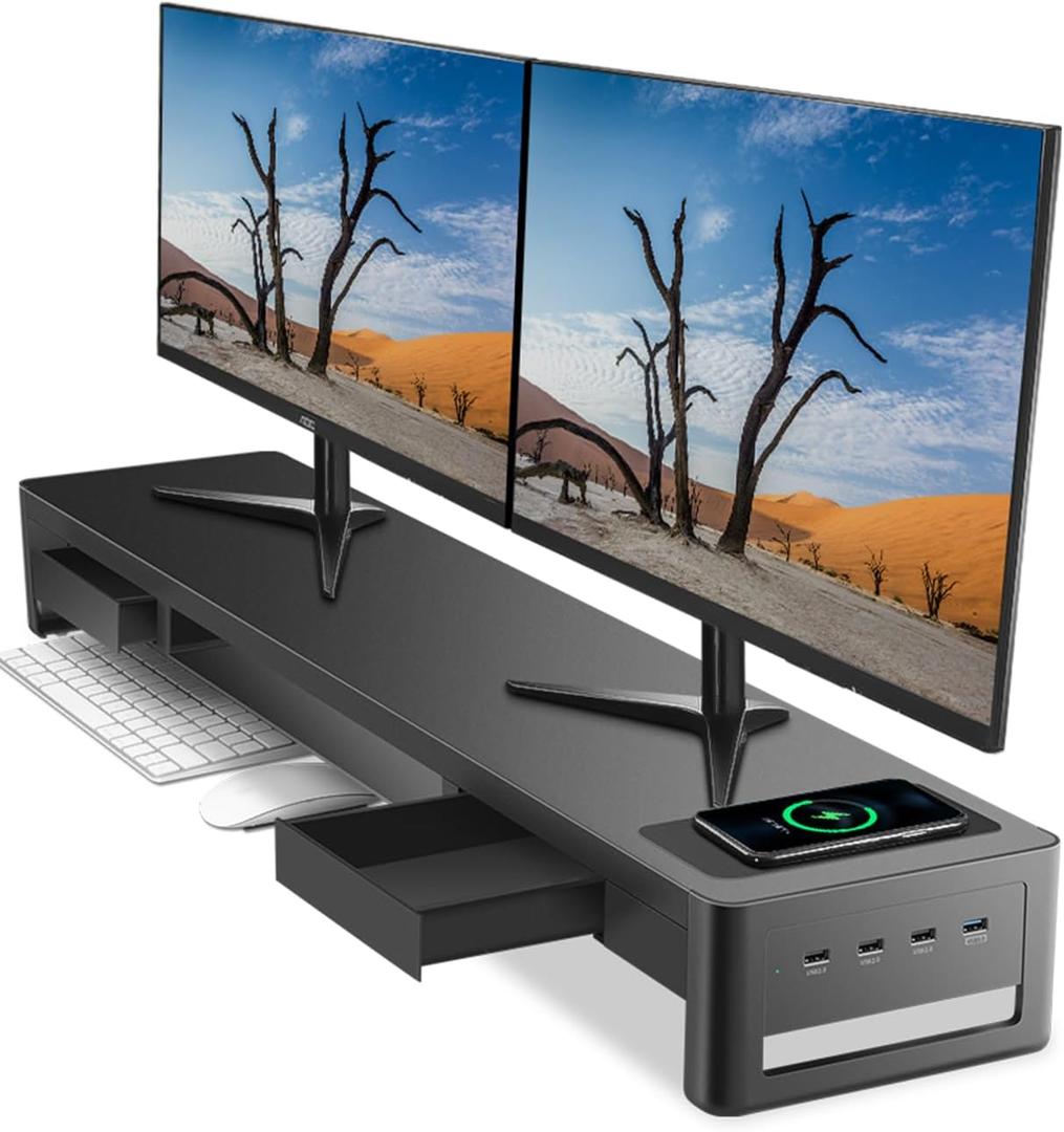 meatanty Dual Monitor Stand Riser with 2 Drawers,4 USB Ports and Charging Pad,Metal Monitor Stand for 2 Monitors Supports Transfer Data and Charging,Desk Organizer for PC,iMac(38.7 inches) (Extra-Large)