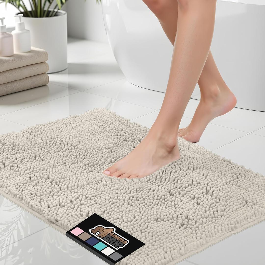 GORILLA GRIP Bath Rug Mat 30x20 Thick Soft Absorbent Chenille, Quick Dry Microfiber Mats, Rubber Backing Machine Washable Shower Floor Rugs, Bathmat Runner, Bathroom Home Decor Accessories Ivory Cream