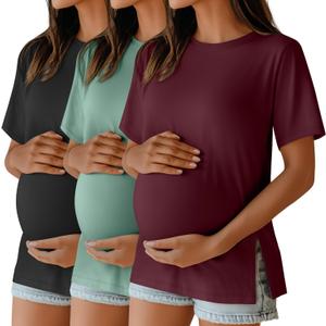 Ficerd 3 Pack Women's Maternity T Shirts, Short Sleeve Side Split Pregnancy Tops Casual Crew Neck Pregnant Tees Mama Clothes (Large, Black, Gray Green, Burgundy)