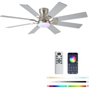 JSAITEE 52 inch Ceiling Fan with Light, 6 Speeds Reversible Low Profile Ceiling Fan with Light and Remote/APP Control, 3 Color Temp+Dimmable RGB, 8 Blades, Flush Mount Quiet Ceiling Fans, Nickel