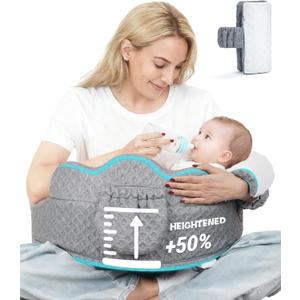 Elevated Nursing Pillow with Arm Pillow, Ergonomic Safety Memory Foam Breastfeeding Pillow, Adjustable Strap, Wider Cushion, Removable Cover & Side Pocket for Breastfeeding & Bottle Feeding