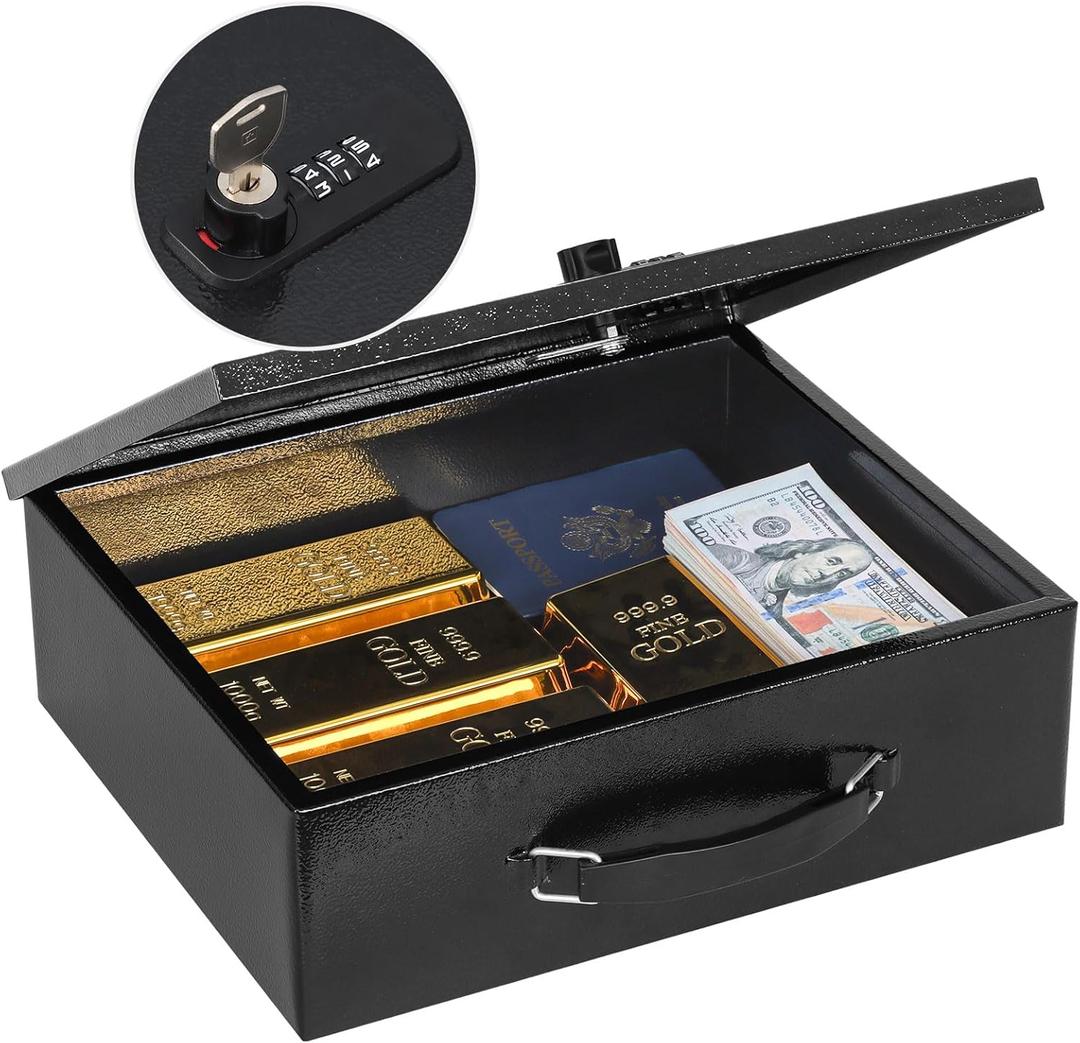 KYODOLED Fireproof Lock Box for Documents, Dual Combination and Key Lock Security with Carrying Handle, Metal Strong Safe Box to Keep Personal Items, Documents, Exterior 13.2''x 11''x4.13'', Black (Large)