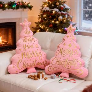 Lanpn Christmas Tree Pillows Set of 2, Merry Christmas Decoration Winter Throw Pillows Soft Cute 3D Shaped Xmas Tree Throw Cushion for Sofa Living Room Bedroom Xmas Decor (16x21 inch, Pink)