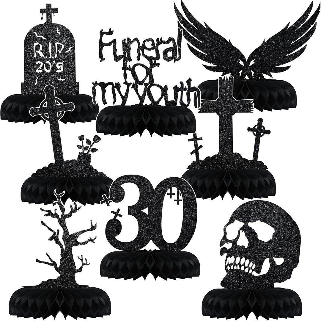 Fumete 8 Pack Death to My 20s Decorations Rip 20s Birthday Decorations Gothic 30th Birthday Honeycomb Centerpieces Goth Table Decor Glitter Funeral for My Youth(Black)