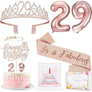 29th Birthday Decorations for Her Women, Including 29 year old Birthday Cake Topper, Birthday Queen Sash with Pearl Pin, Sweet Rhinestone Tiara Crown, Number Candles and Balloons Set, Rose Gold