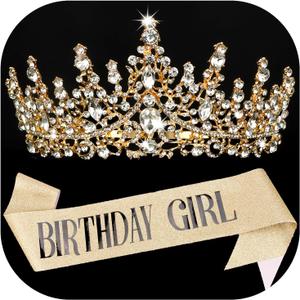 COCIDE BIRTHDAY GIRL Sash for Women Happy Birthday Sashes and Crowns for Girls Crystal Tiaras for Princess Gold Party Decoration for Gift Headband Supplies Accessories Favors
