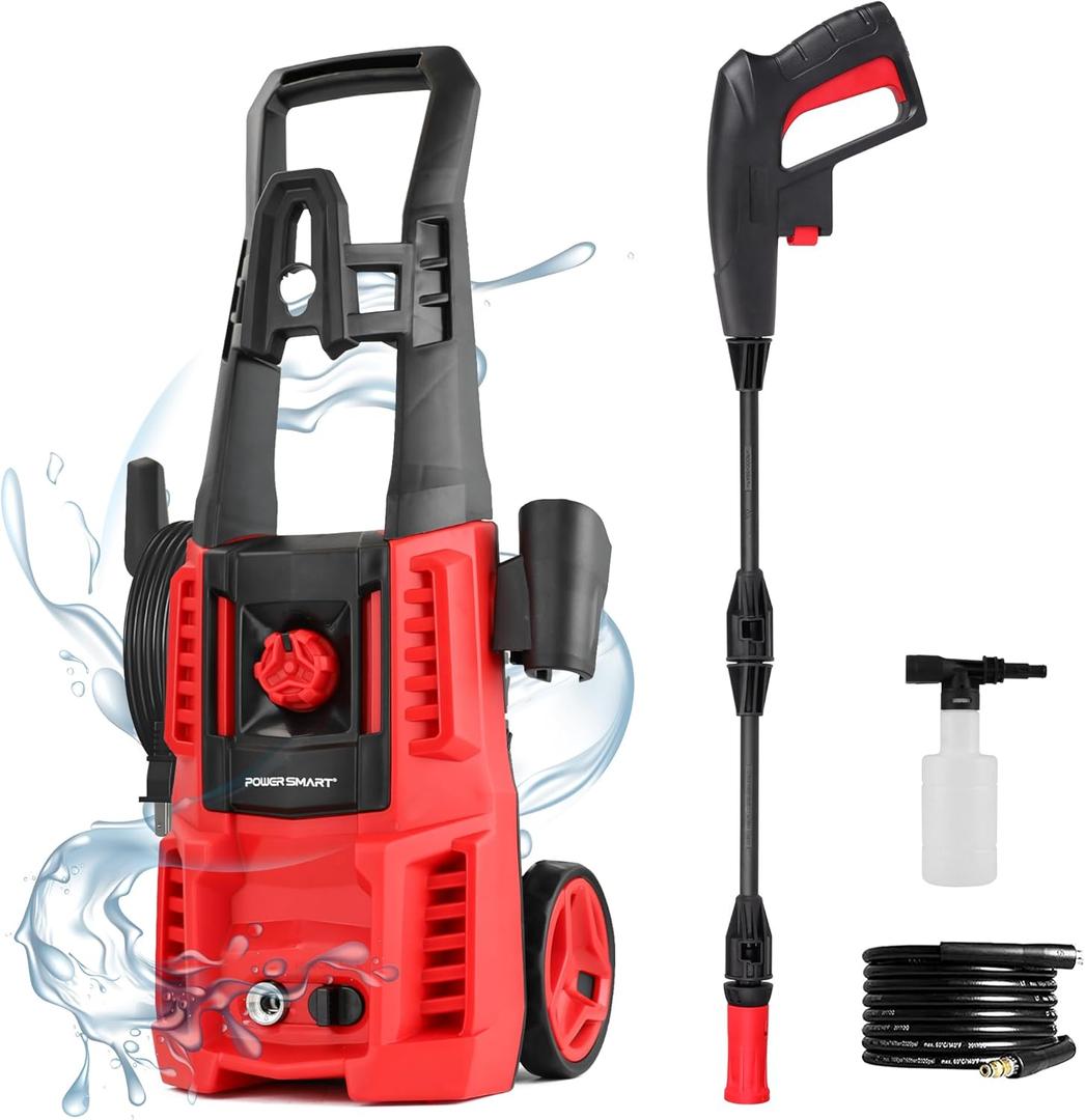 Electric Pressure Washer, 1850 PSI Max,1.0 GPM, 5" Wheels, 18M Cord/Hose Length Max, Power Washer for Patio, Car, Driveway, Fence & Home Cleaning (Red)
