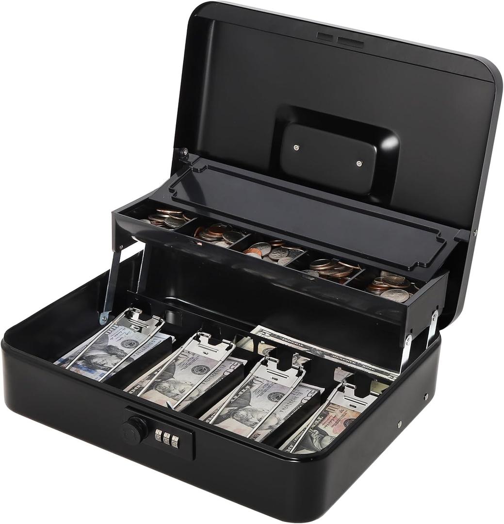 Jssmst Locking Metal Cash Box with Coin Lid, 11.8L x 9.5W x 3.5H Inches, Safe Money Box with Combination Lock, Black