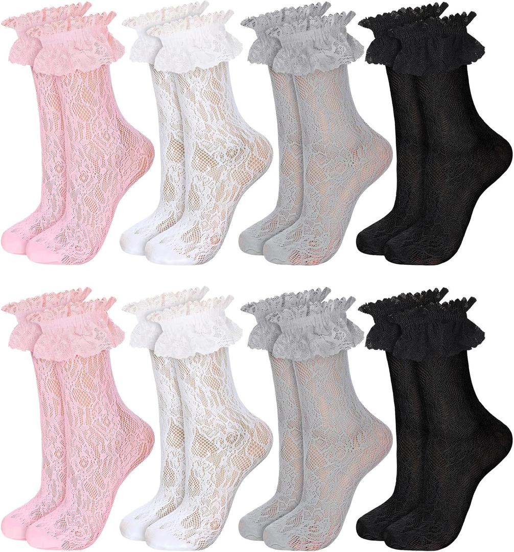 8 Pairs Women Lace Socks Ruffle Frilly Ankle Women Cute Lolita Lace Trim Socks (5-9, 4 Colors)