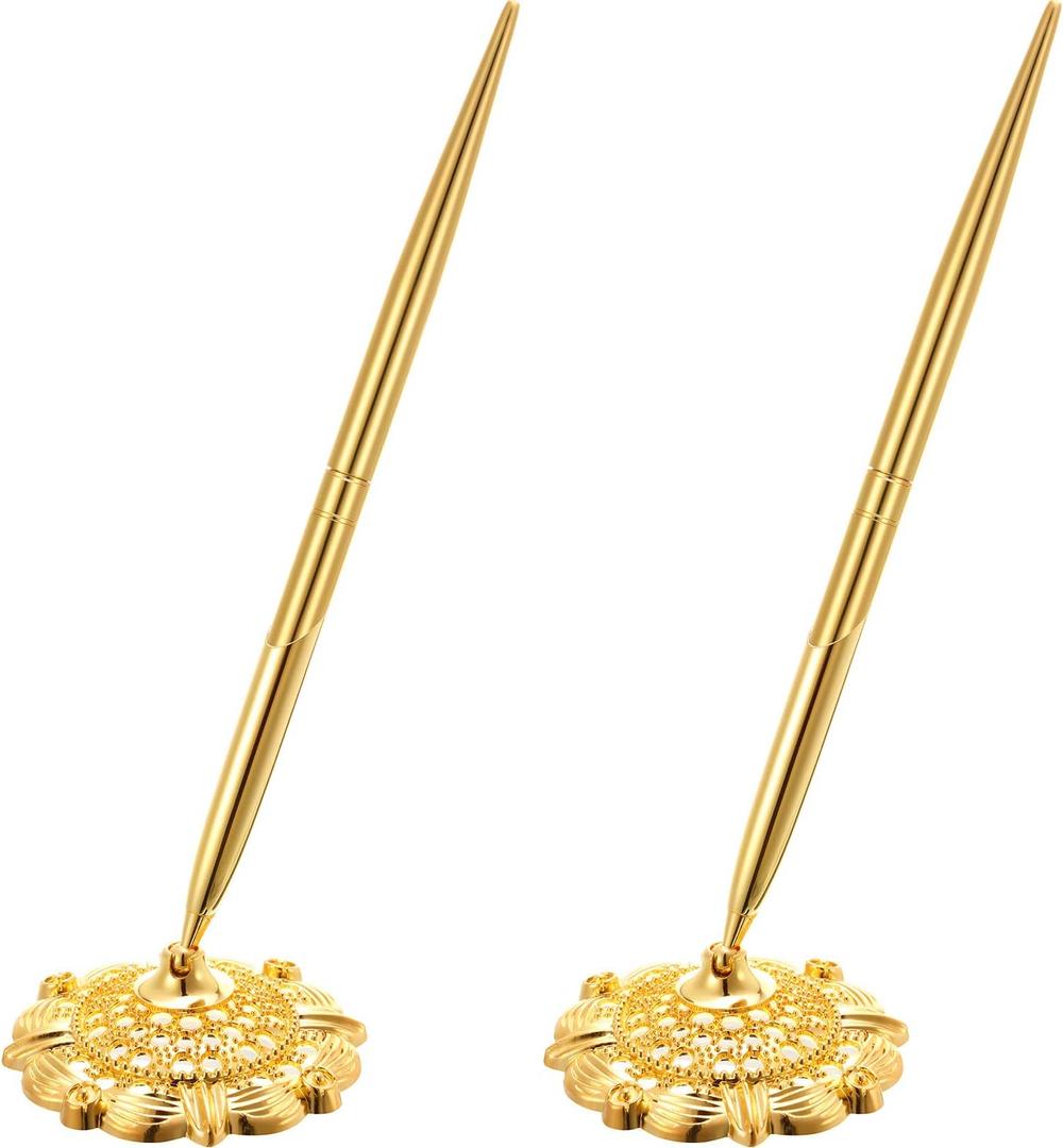 Outus 2 Pieces Hollow Round Pen Holder Pen Set for Wedding Bridal Engagement Guests Book Valentines Day Favor (Gold)