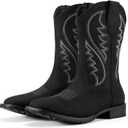 Rollda Cowboy Boots for Men Western Boots Men's Square Toe Chunky Heel Mid-Calf Boots Classic Embroidered Pull On Boots (8.5, Black)