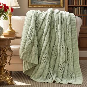 Amlie Home Chunky Knit Chenille Throw Blanket, Breathable Cable Knitted Blanket for Couch, Farmhouse Decorative Throw for Sofa Chair Bed, 50"x60", Sage Green