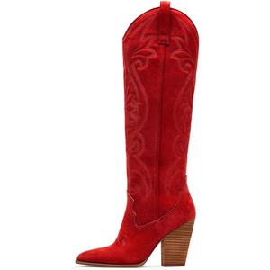 VOMIRA Knee High Cowboy Boots for Women Pointed Toe Chunky High Heels Pull-on Embroidered Boots Western Boots Wide Calf Cowgirl Boots (9)