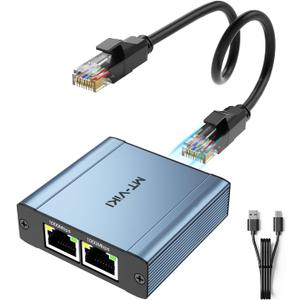 MT-VIKI Ethernet Splitter 1 to 2 High Speed 1000Mbps, Gigabit Dual RJ45 Splitter Adapter for Cat5/5e/6/7/8 Cable [Aluminum Case with Power Cable]