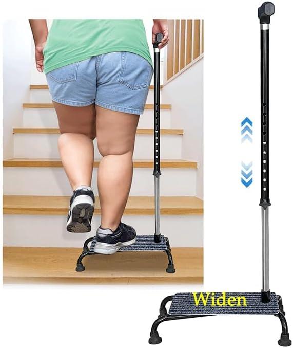 Stair Climbing Cane Lifts Assist Cane for Seniors Elderly Half Step Stairway Aid Walking Sticks Adjustable Mobility Helper Balance Devices 4 Prong Quad Widen Anti-Slip Base Seat Walker