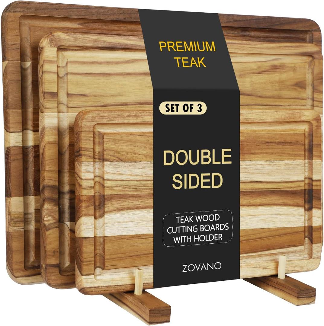 3-PieceTeak Wood Cutting Board Set with Stand for Kitchen, Chopping Boards with Deep Juice Groove, Charcuteire Butcher Block Gift for Chef Housewarming Wedding