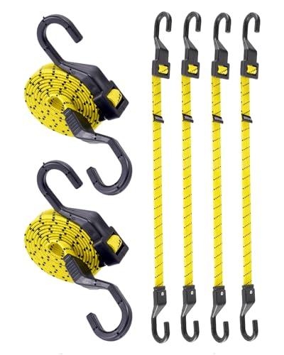 6 Pcs 48 Inch Flat Adjustable Bungee Cords with Hooks, 3X Faster to Adjust The Length, Lucky Straps Black/Yellow Heavy Duty Bungee Straps for Cargo, Bike, Cart, Tent, Truck, Camping, Outdoor, etc