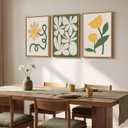 Framed Boho Abstract Wall Art Bedroom, 3 Piece Green and Yellow Mid Century Modern Canvas Artwork for Walls, Paintings Prints Botanical Floral Pictures for Living Room Dining Room Wall Decor, 16x24 In, 16" W x 24" H x 3Pcs