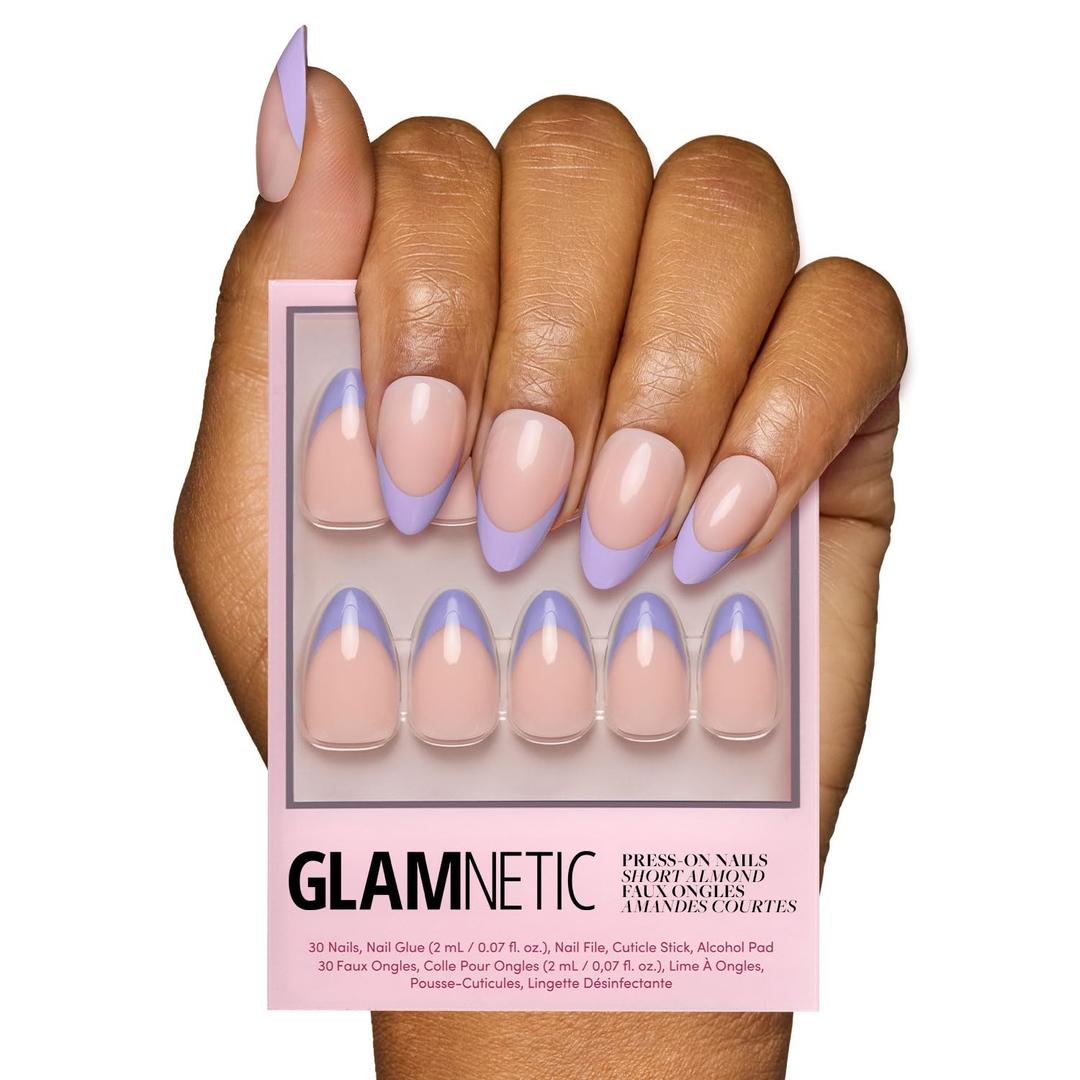 Glamnetic Press On Nails - French Lilac | Short Almond Fake Nails with Purple French Tips and a Glossy Finish, Salon Quality | 15 Sizes - 30 Nail Kit with Glue