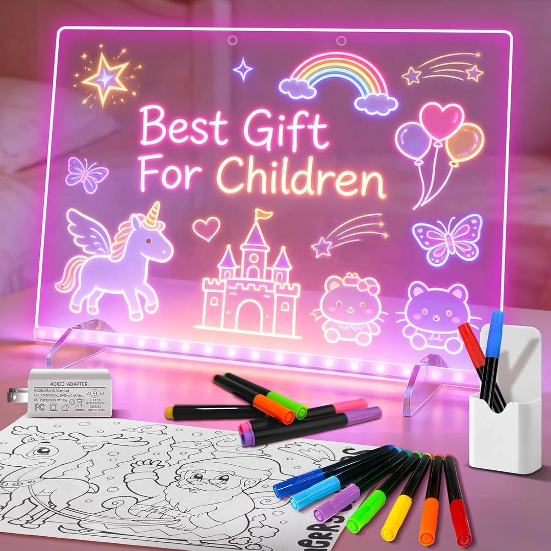 Led Drawing Board with 8 Colors, 13.8"x10" Acrylic Dry Erase Board with 14 Marker Pens, Glow Doodle Board as Birthday & Christmas Gifts for Teen Girls & Boys