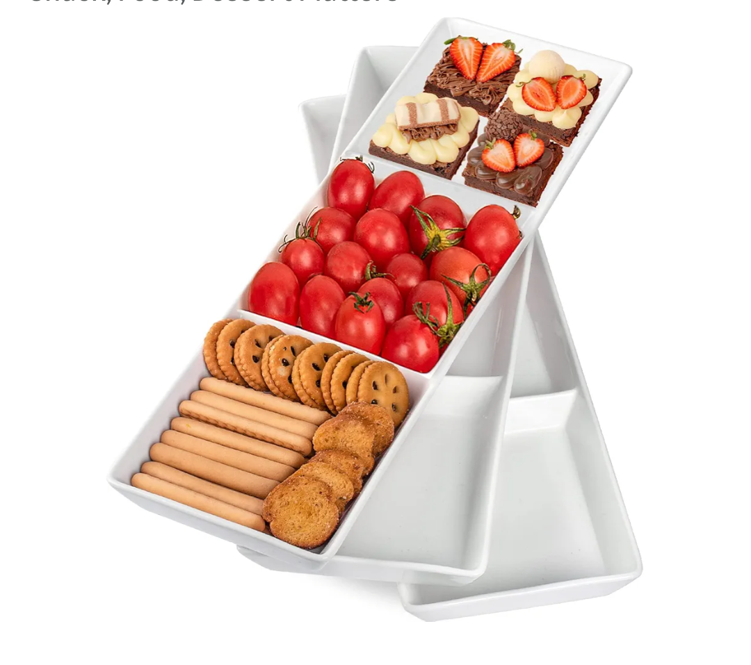 DELLING 16" x 5" Ceramic 3-Section Stackable Serving Tray, Serving Platter Set of 3, 3 Compartment Appetizer Serving Tray, White Divided Serving Dishes, Snack, Food, Dessert Platters